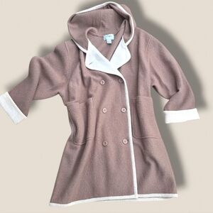 Vintage Taupe Hooded Double-Breasted Coat with Cream Trim